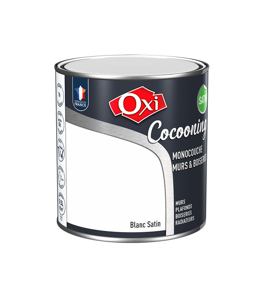 Peinture OXI murs et boiseries COCOONING satin blanc 0,5L Peinture OXI murs et boiseries COCOONING satin blanc 0,5L
