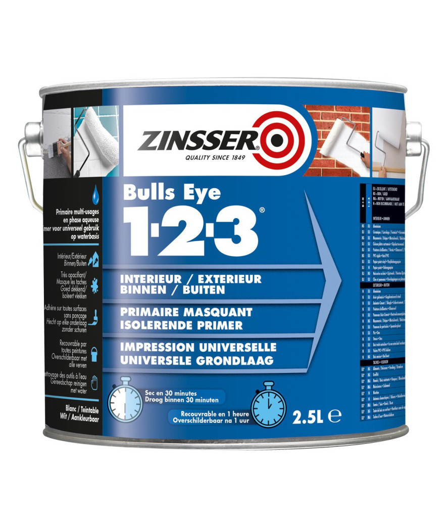 Primaire ZINSSER Bulls Eye 1-2-3 blanc 2,5L Primaire ZINSSER Bulls Eye 1-2-3 blanc 2,5L
