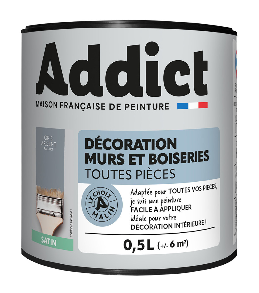 Peinture ADDICT Déco.M&Bois satin béton-gris argent 0,5L Peinture ADDICT Déco.M&Bois satin béton-gris argent 0,5L
