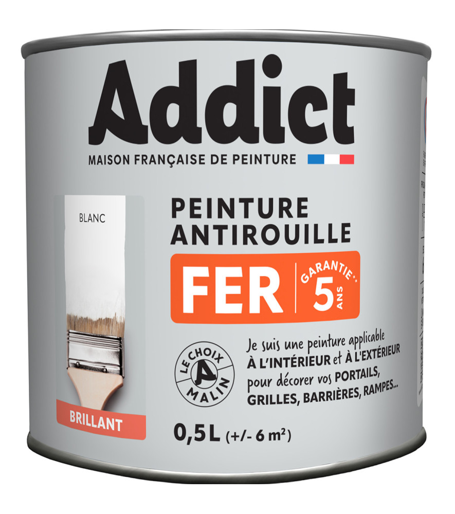 Peinture fer ADDICT glycéro brillant blanc RAL 9016 0,5L Peinture fer ADDICT glycéro brillant blanc RAL 9016 0,5L