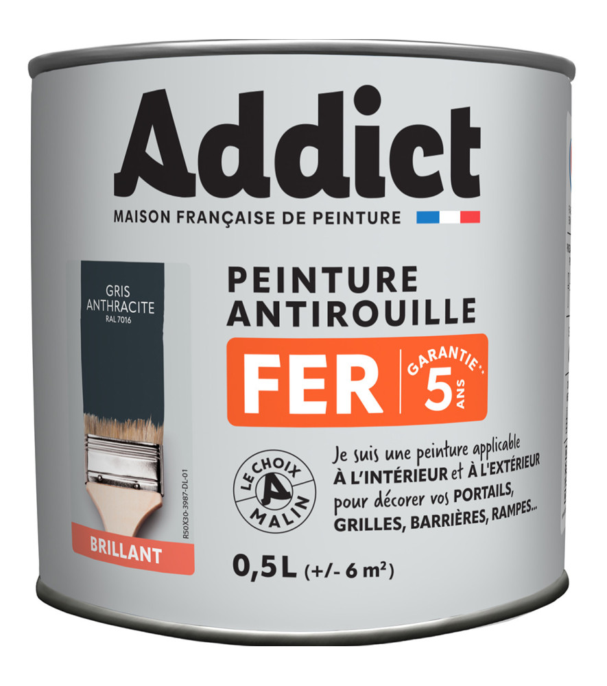 Peinture fer ADDICT glycéro brillant gris anthracite RAL 7016 0,5L Peinture fer ADDICT glycéro brillant gris anthracite RAL 7016 0,5L