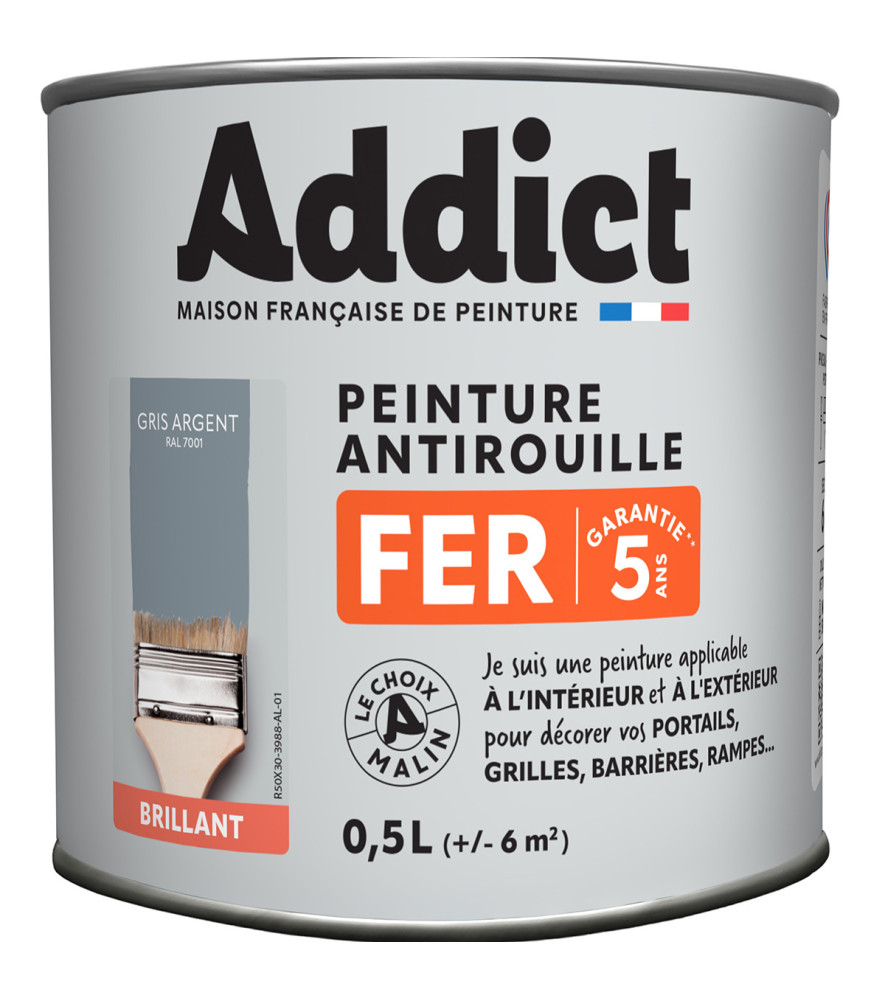 Peinture fer ADDICT glycéro brillant gris argent RAL 7001 0,5L Peinture fer ADDICT glycéro brillant gris argent RAL 7001 0,5L