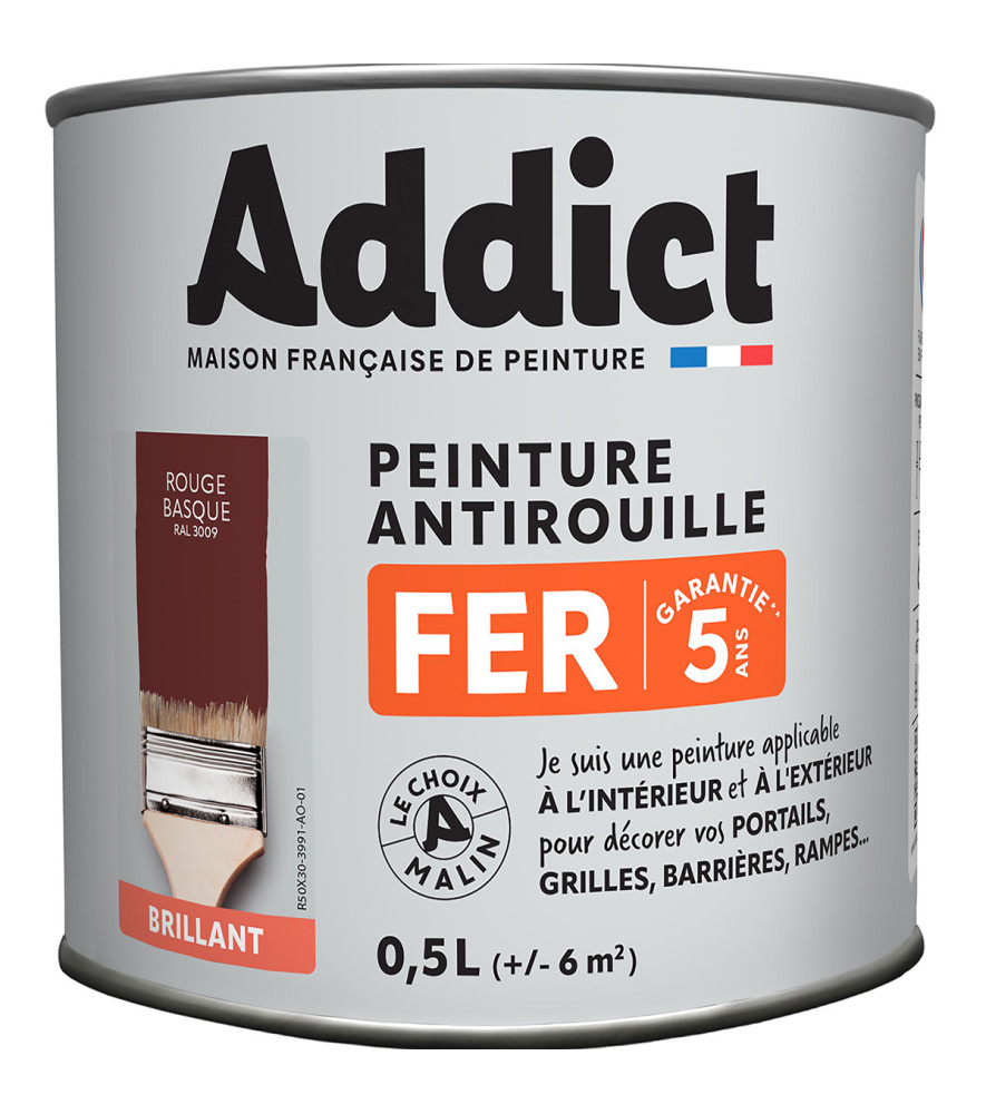 Peinture fer ADDICT glycéro brillant rouge oxyde RAL 3009 0,5L Peinture fer ADDICT glycéro brillant rouge oxyde RAL 3009 0,5L