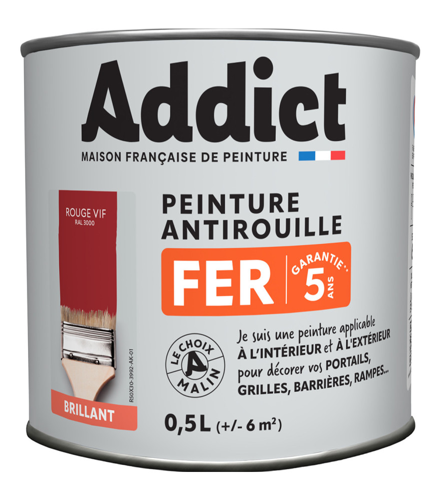 Peinture fer ADDICT glycéro brillant rouge vif RAL 3000 0,5L Peinture fer ADDICT glycéro brillant rouge vif RAL 3000 0,5L