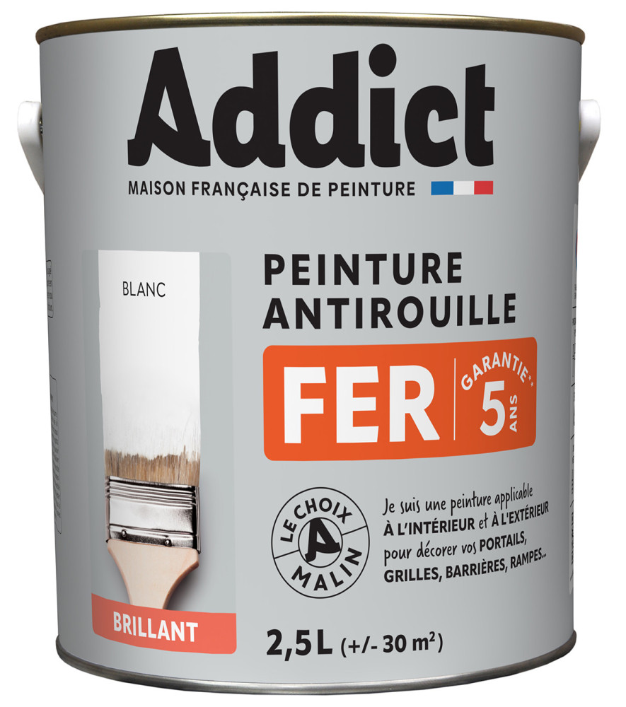 Peinture fer ADDICT glycéro brillant blanc RAL 9016 2,5L Peinture fer ADDICT glycéro brillant blanc RAL 9016 2,5L
