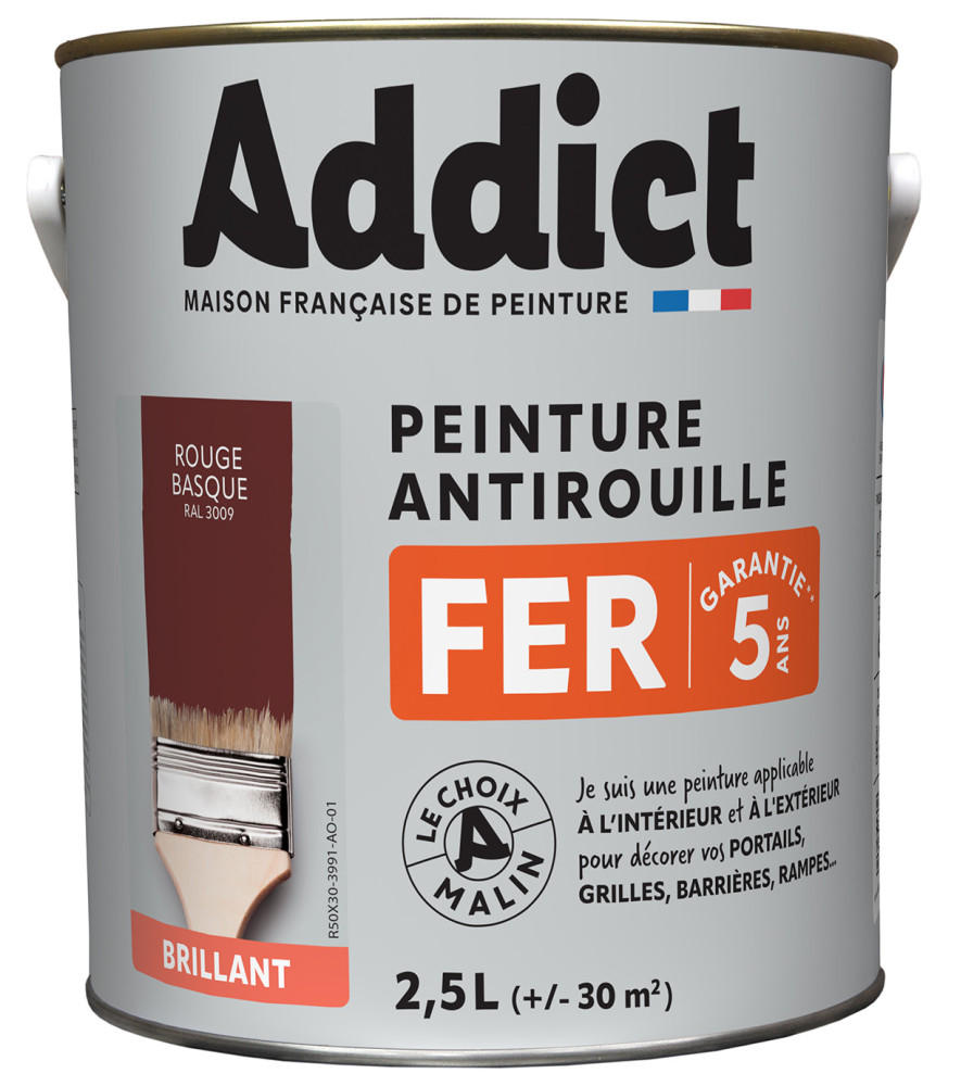 Peinture fer ADDICT glycéro brillant rouge oxyde RAL 3009 2,5L Peinture fer ADDICT glycéro brillant rouge oxyde RAL 3009 2,5L