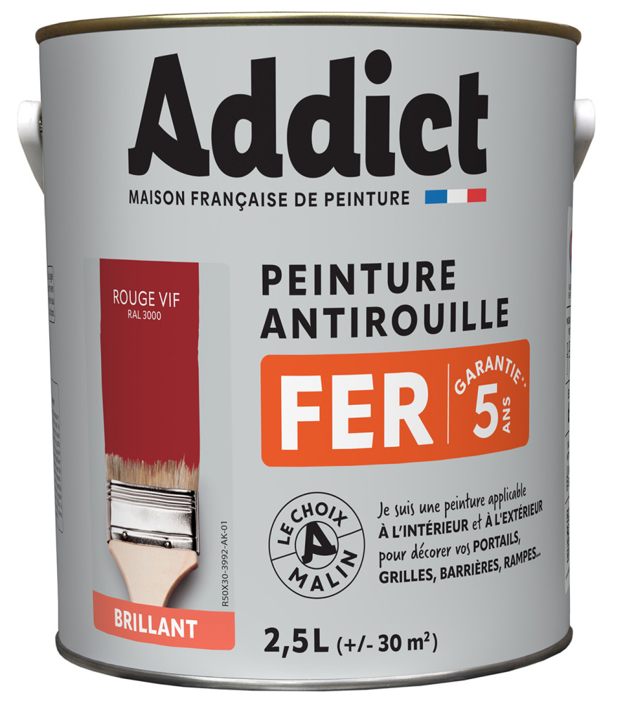 Peinture fer ADDICT glycéro brillant rouge vif RAL 3000 2,5L Peinture fer ADDICT glycéro brillant rouge vif RAL 3000 2,5L