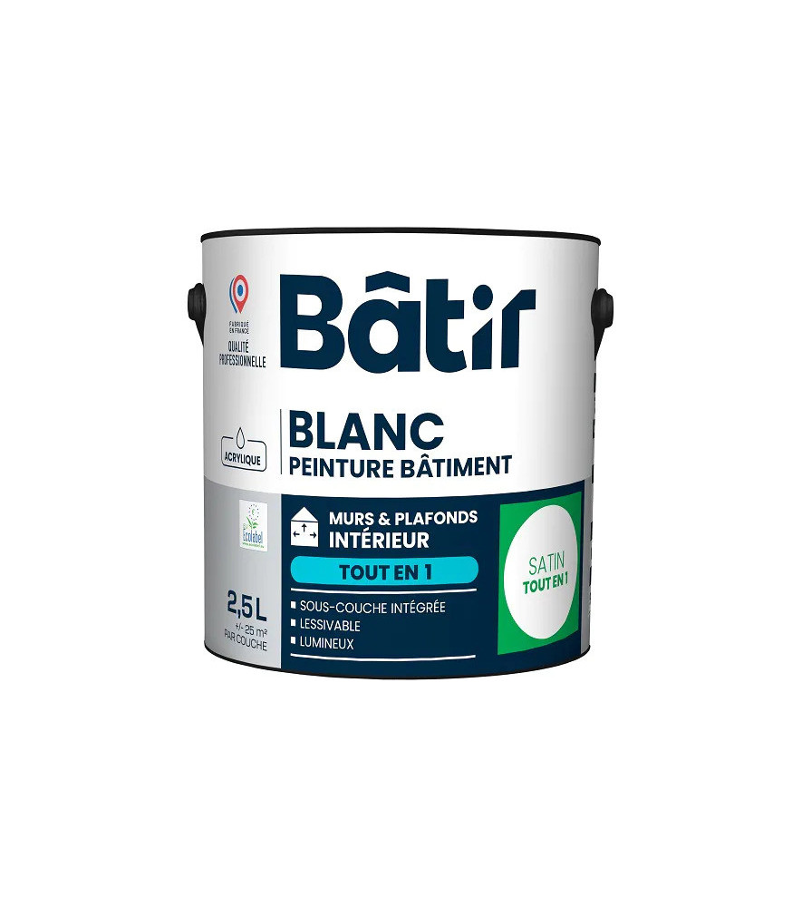 Peinture BATIR acrylique satin monocouche blanc 2,5L Peinture BATIR acrylique satin monocouche blanc 2,5L