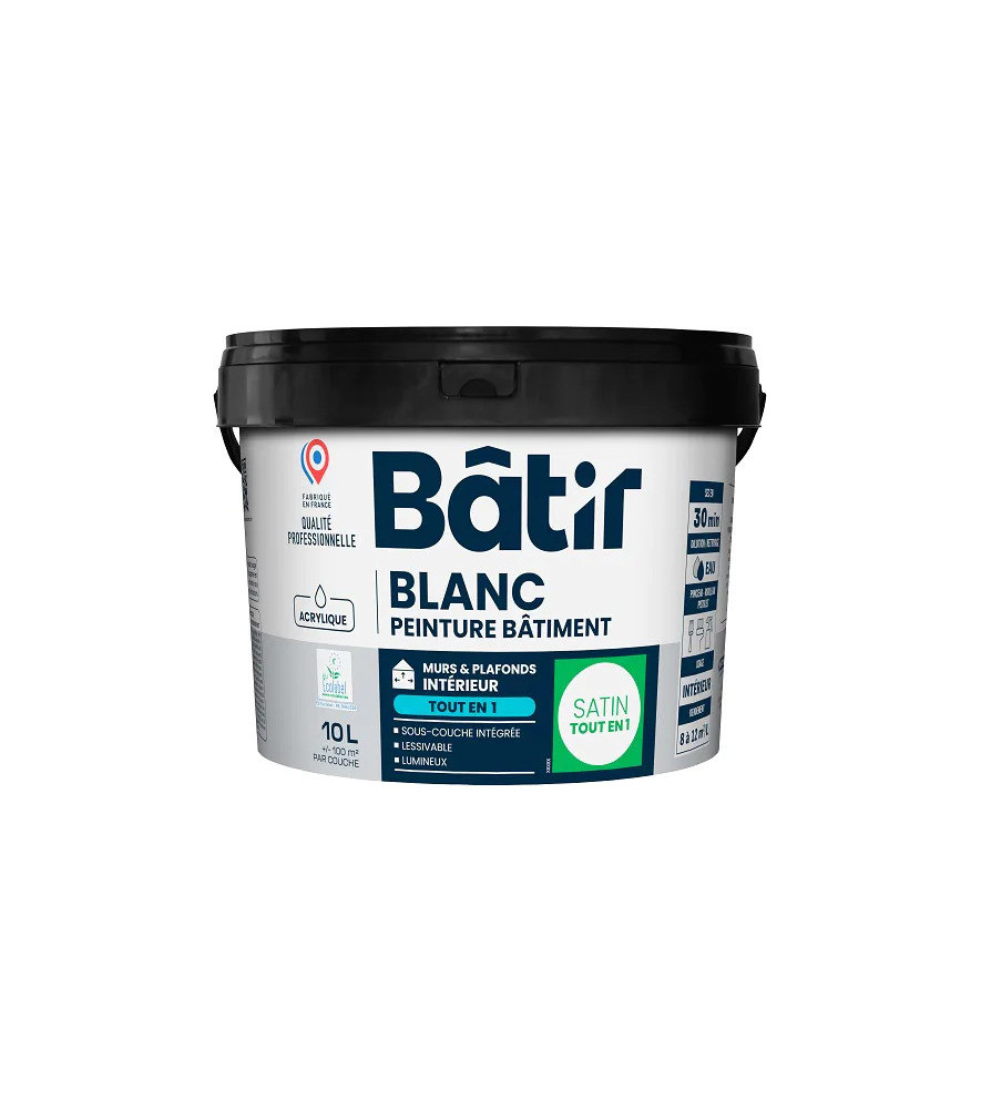 Peinture BATIR acrylique satin monocouche blanc 10L Peinture BATIR acrylique satin monocouche blanc 10L