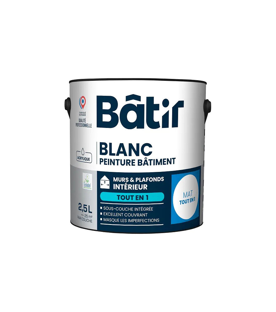Peinture BATIR acrylique mat monocouche blanc 2,5L Peinture BATIR acrylique mat monocouche blanc 2,5L