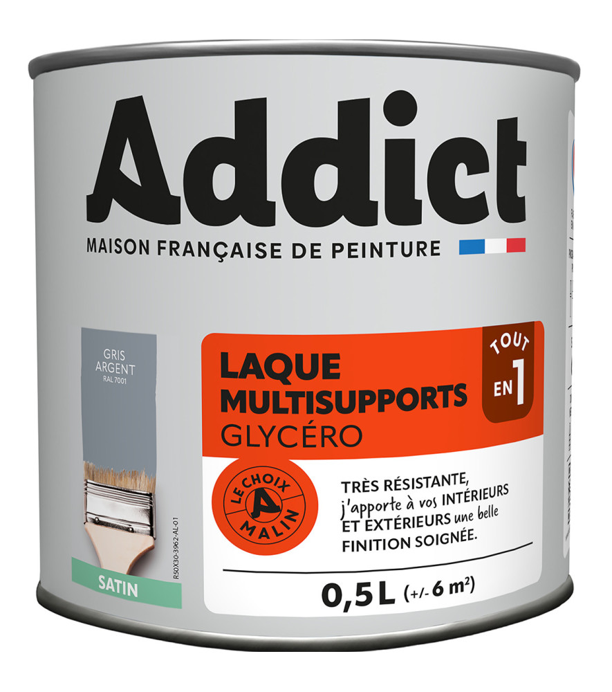 Laque ADDICT multi-supports satin gris minéral-gris argent RAL 7001 0,5L Laque ADDICT multi-supports satin gris minéral-gris argent RAL 7001 0,5L