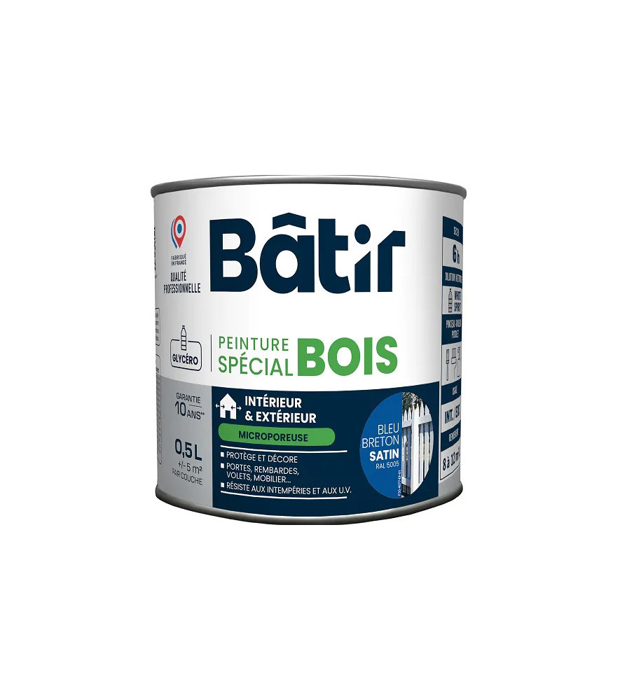 Peinture spécial bois satin BATIR bleu breton ral 5005 0,5L Peinture spécial bois satin BATIR bleu breton ral 5005 0,5L