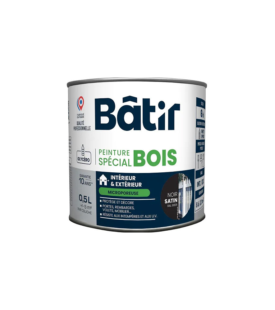 Peinture spécial bois satin BATIR noir ral 9005 0,5L Peinture spécial bois satin BATIR noir ral 9005 0,5L