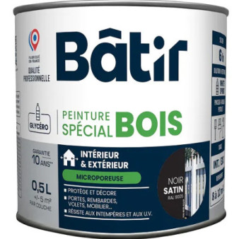 Peinture spécial bois satin BATIR  noir ral 9005 0,5L