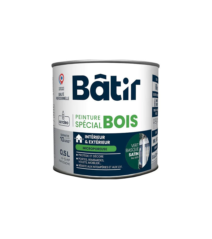 Peinture spécial bois satin BATIR vert basque ral 6005 0,5L Peinture spécial bois satin BATIR vert basque ral 6005 0,5L