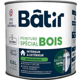 Peinture spécial bois satin BATIR  vert basque ral 6005 0,5L