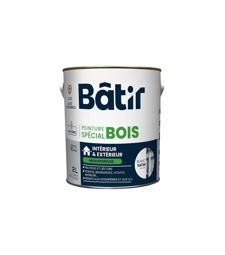 Peinture spécial bois satin BATIR blanc ral 9016 2L Peinture spécial bois satin BATIR blanc ral 9016 2L