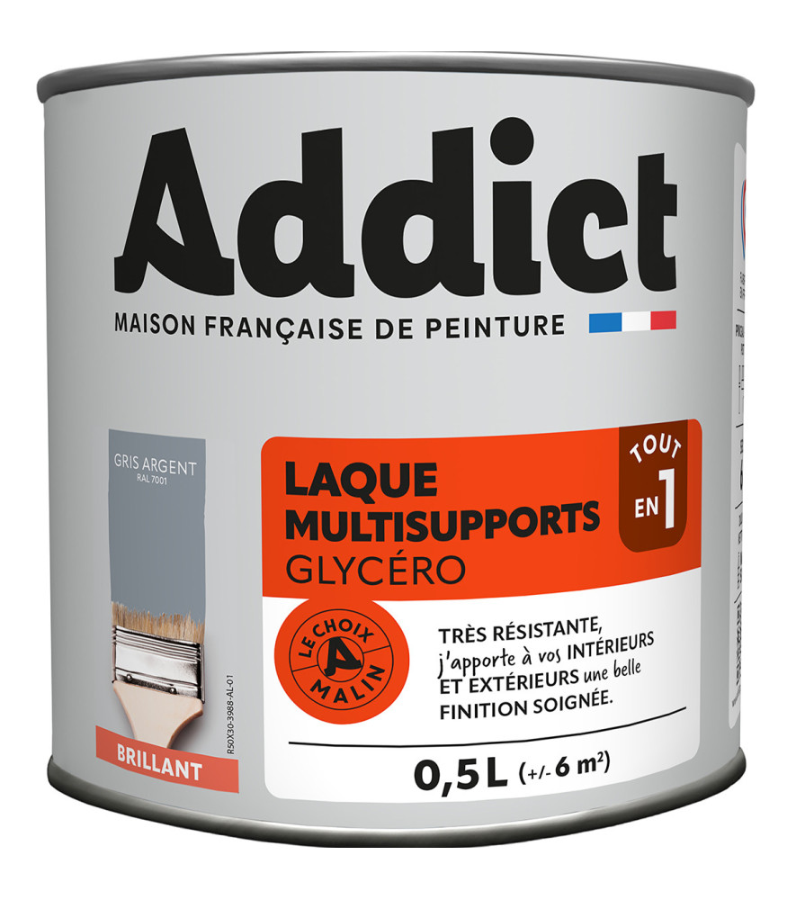 Laque ADDICT multi-supports brillante gris minéral-gris argent RAL 7001 0,5L Laque ADDICT multi-supports brillante gris minéral-gris argent RAL 7001 0,5L