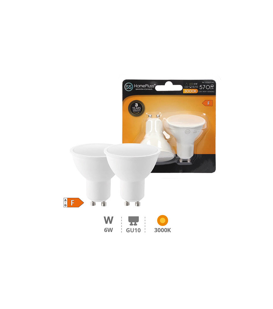 Pack 2 ampoules LED GU10 dichroique 6W 3000K Pack 2 ampoules LED GU10 dichroique 6W 3000K