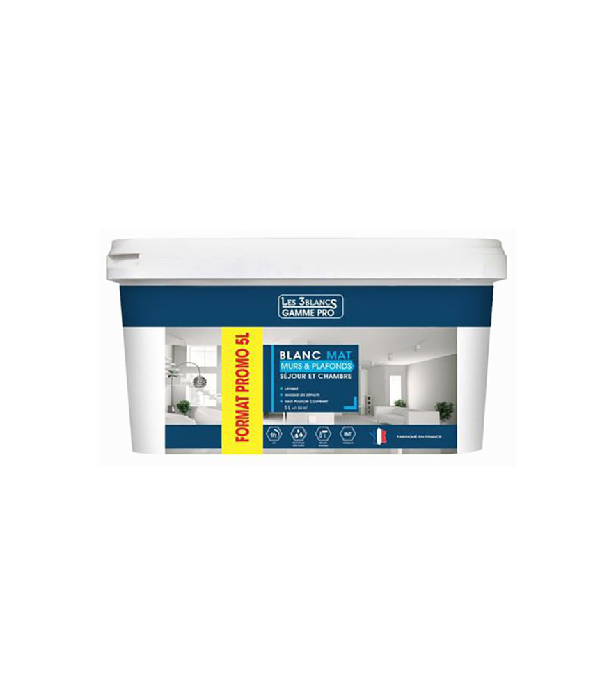 Peinture Murs & Plafonds LES 3 BLANCS monocouche mat blanc 5L Peinture Murs & Plafonds LES 3 BLANCS monocouche mat blanc 5L