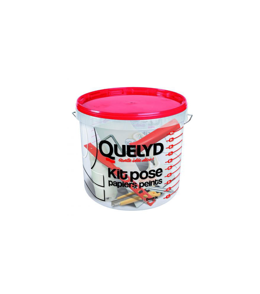 Kit de pose papier peints QUELYD : 1 seau doseur + 1 Rouleau à encoller + 1 fil à plomb + 1 cutter + 1 spatule à maroufler + 1 m Kit de pose papier peints QUELYD : 1 seau doseur + 1 Rouleau à encoller + 1 fil à plomb + 1 cutter + 1 spatule à maroufler + 1 m