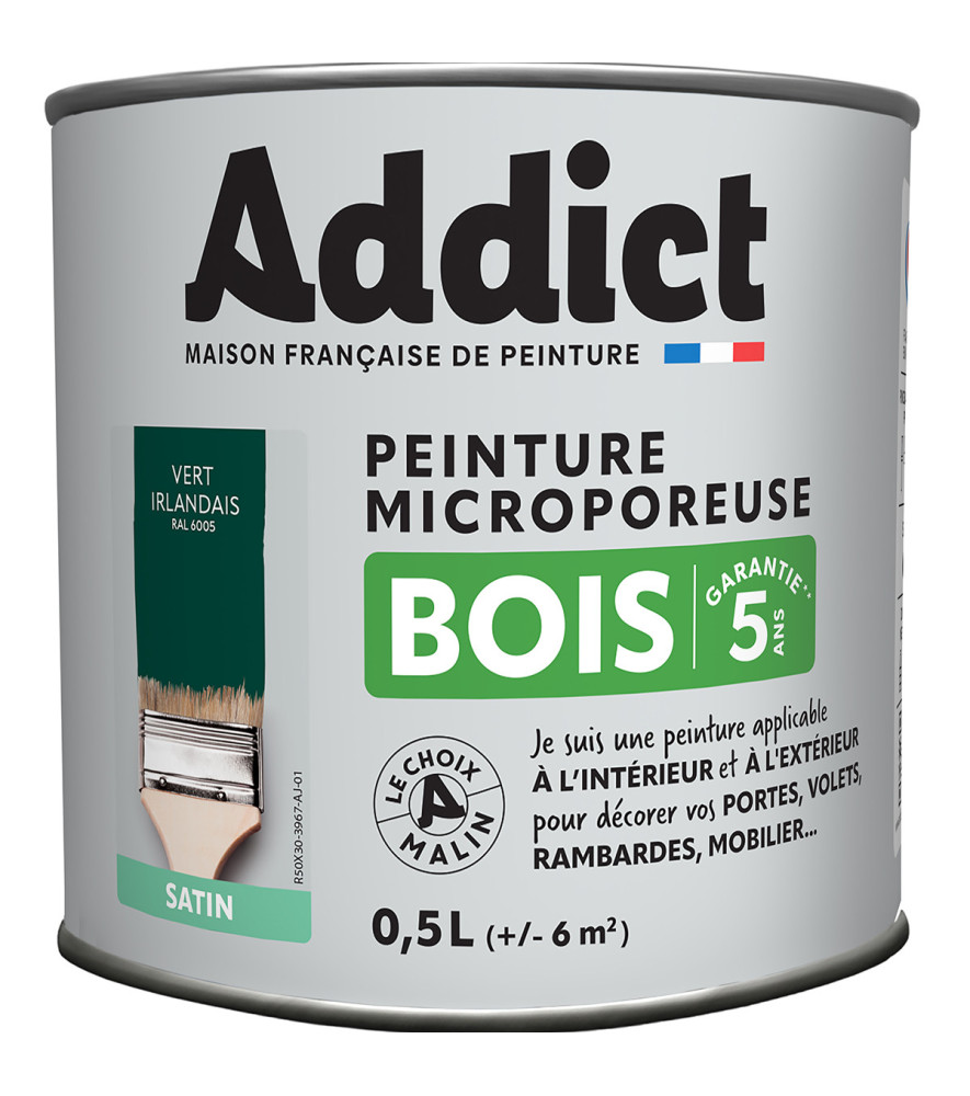 Peinture bois ADDICT glycéro satin vert irlandais RAL 6005 0,5L Peinture bois ADDICT glycéro satin vert irlandais RAL 6005 0,5L