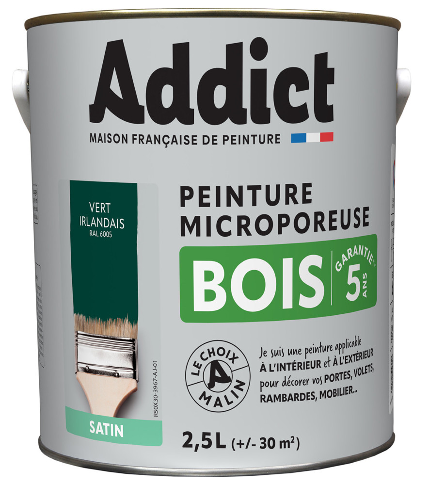 Peinture bois ADDICT glycéro satin vert irlandais RAL 6005 2,5L Peinture bois ADDICT glycéro satin vert irlandais RAL 6005 2,5L