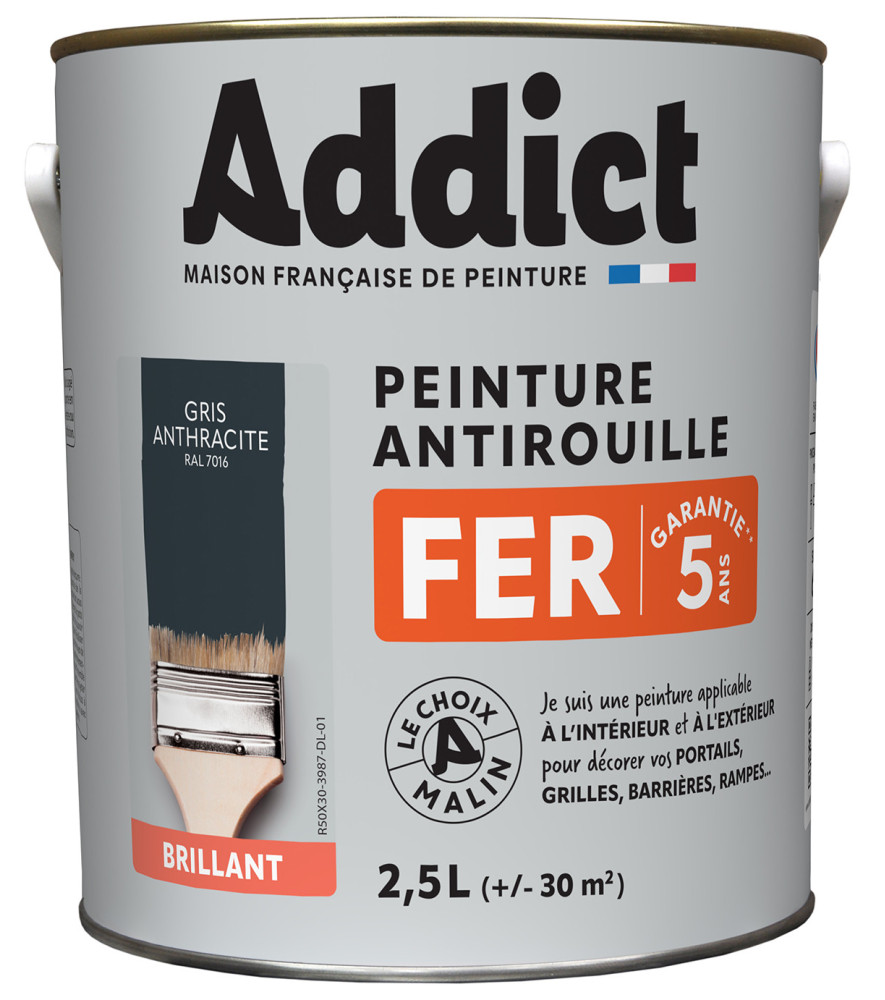 Peinture fer ADDICT glycéro brillant gris anthracite RAL 7016 2,5L Peinture fer ADDICT glycéro brillant gris anthracite RAL 7016 2,5L