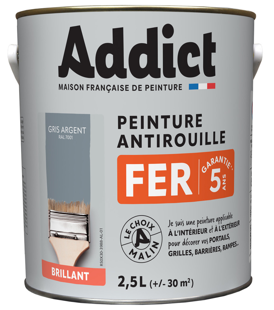 Peinture fer ADDICT glycéro brillant gris argent RAL 7001 2,5L Peinture fer ADDICT glycéro brillant gris argent RAL 7001 2,5L