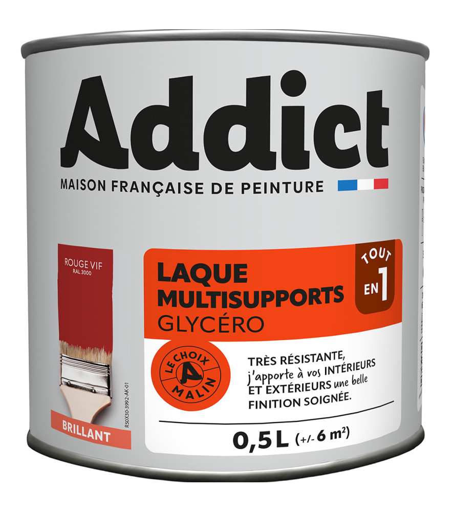 Laque ADDICT multi-supports brillante cerise-rouge vif RAL 3000 0,5L Laque ADDICT multi-supports brillante cerise-rouge vif RAL 3000 0,5L